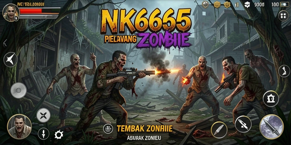 Tampilan antarmuka NK666 menampilkan aksi seru menembak zombie.